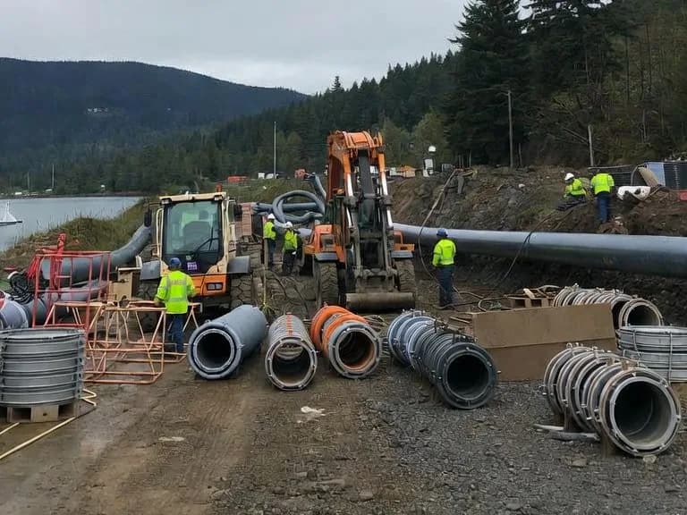 Excavators working on a utility construction site beside a lake on Vancouver Island